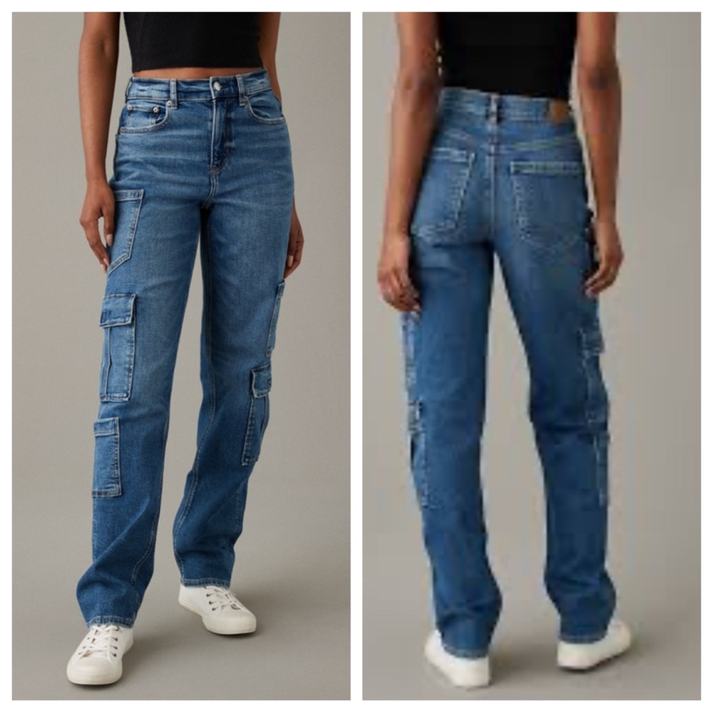 American Eagle Jeans Womens 12 Blue Super High Rise Baggy Straight Cargo Denim